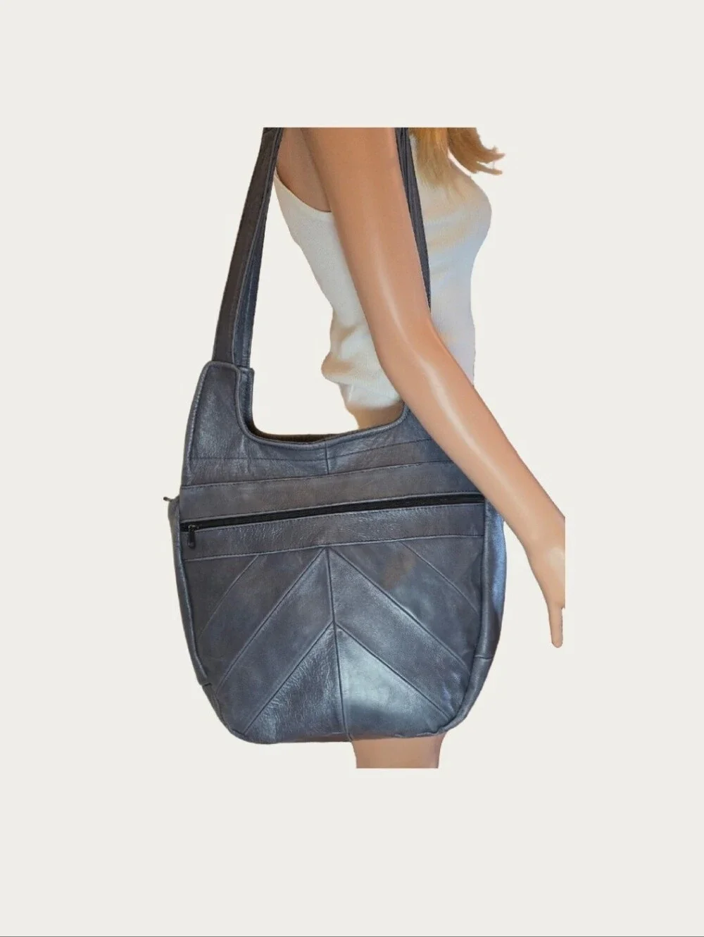 Vintage Slouchy Mexican Chevron Patchwork Leather Hobo Shoulder Bag - Capacious